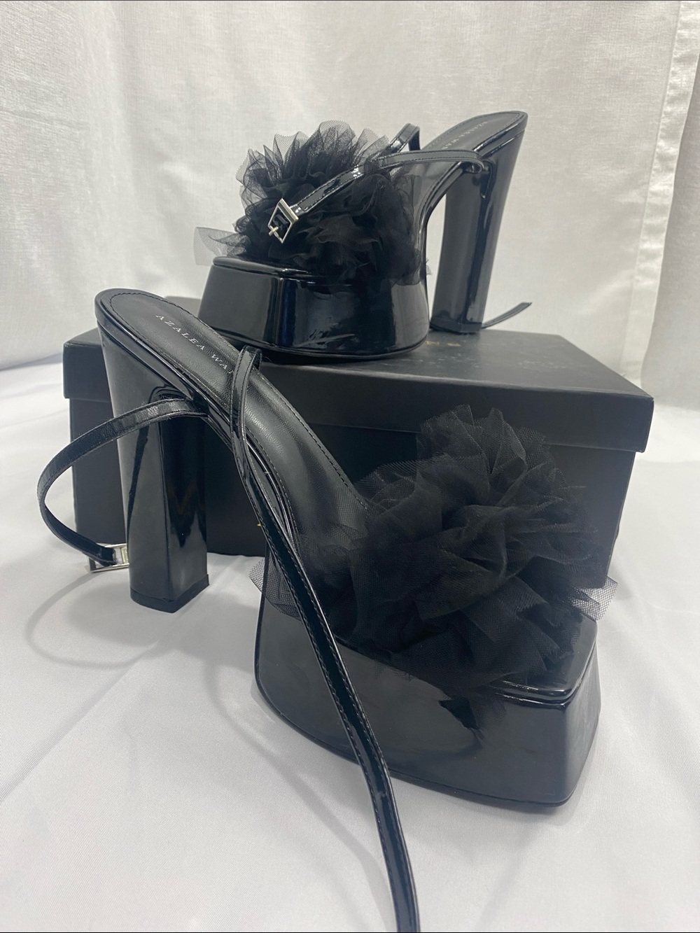 Black Platform Slide Heels with Tulle Pom Accent